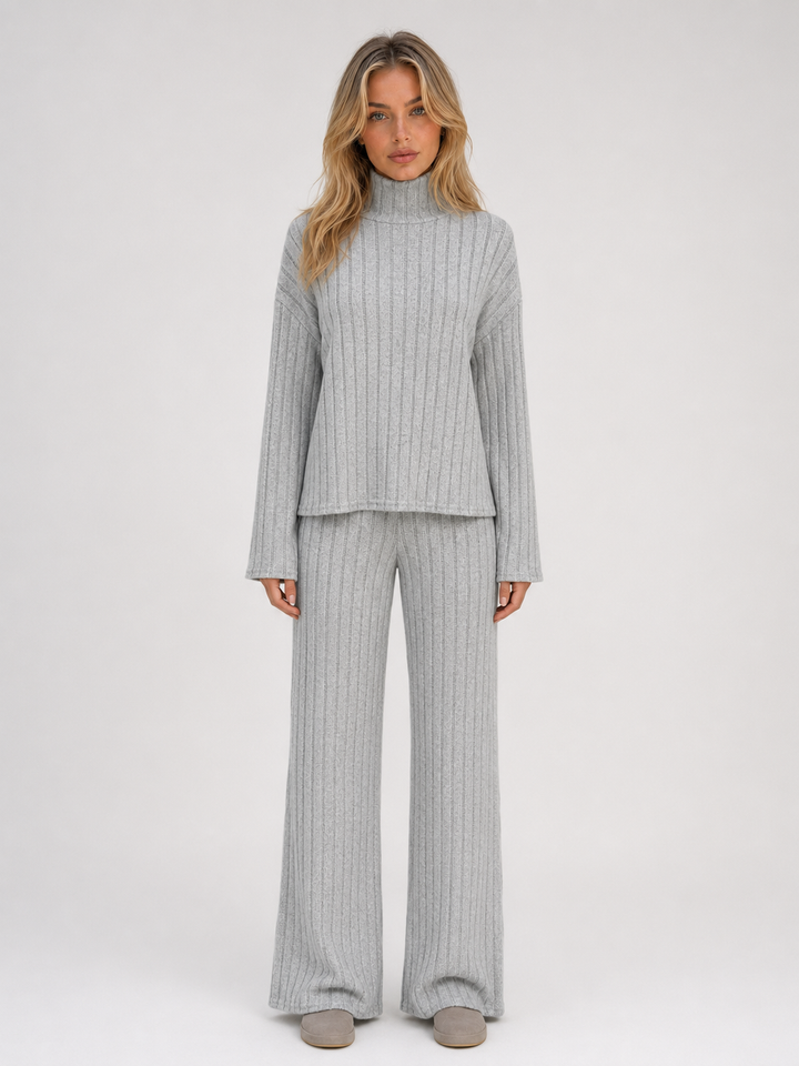 Women's Casual Ribbed Knit Lounge Set with Roll Neck Jumper and Wide