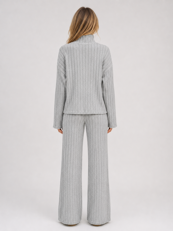 Women's Casual Ribbed Knit Lounge Set with Roll Neck Jumper and Wide