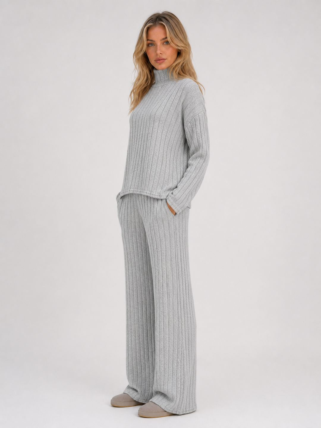 Women's Casual Ribbed Knit Lounge Set with Roll Neck Jumper and Wide