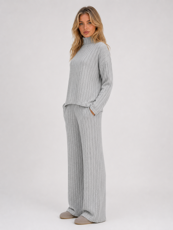 Women's Casual Ribbed Knit Lounge Set with Roll Neck Jumper and Wide