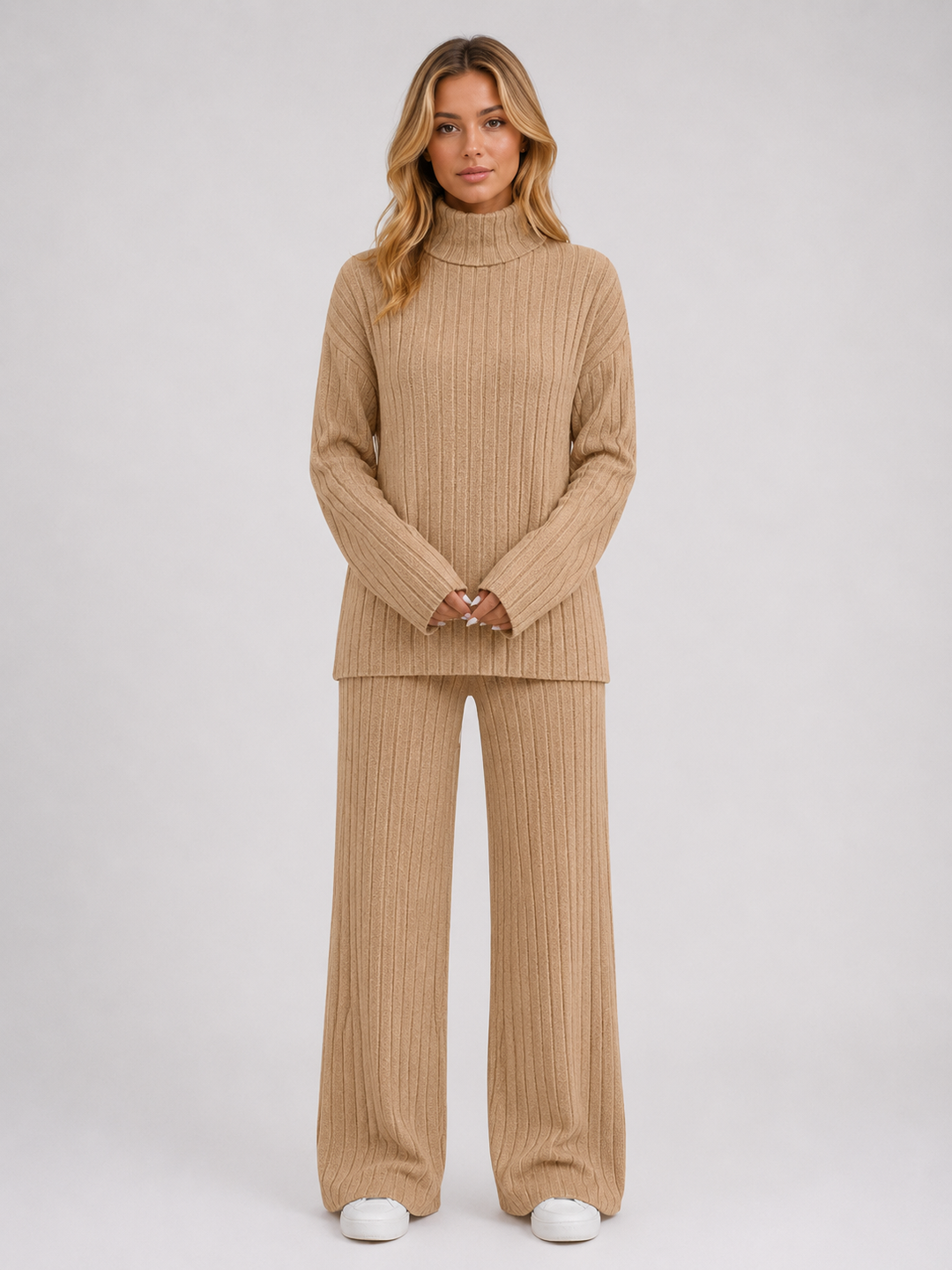 Women's Casual Ribbed Knit Lounge Set with Roll Neck Jumper and Wide