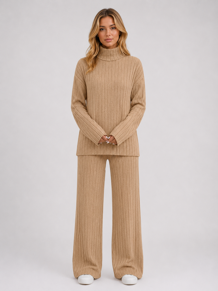Women's Casual Ribbed Knit Lounge Set with Roll Neck Jumper and Wide