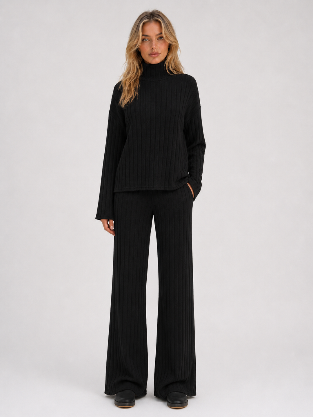 Women's Casual Ribbed Knit Lounge Set with Roll Neck Jumper and Wide