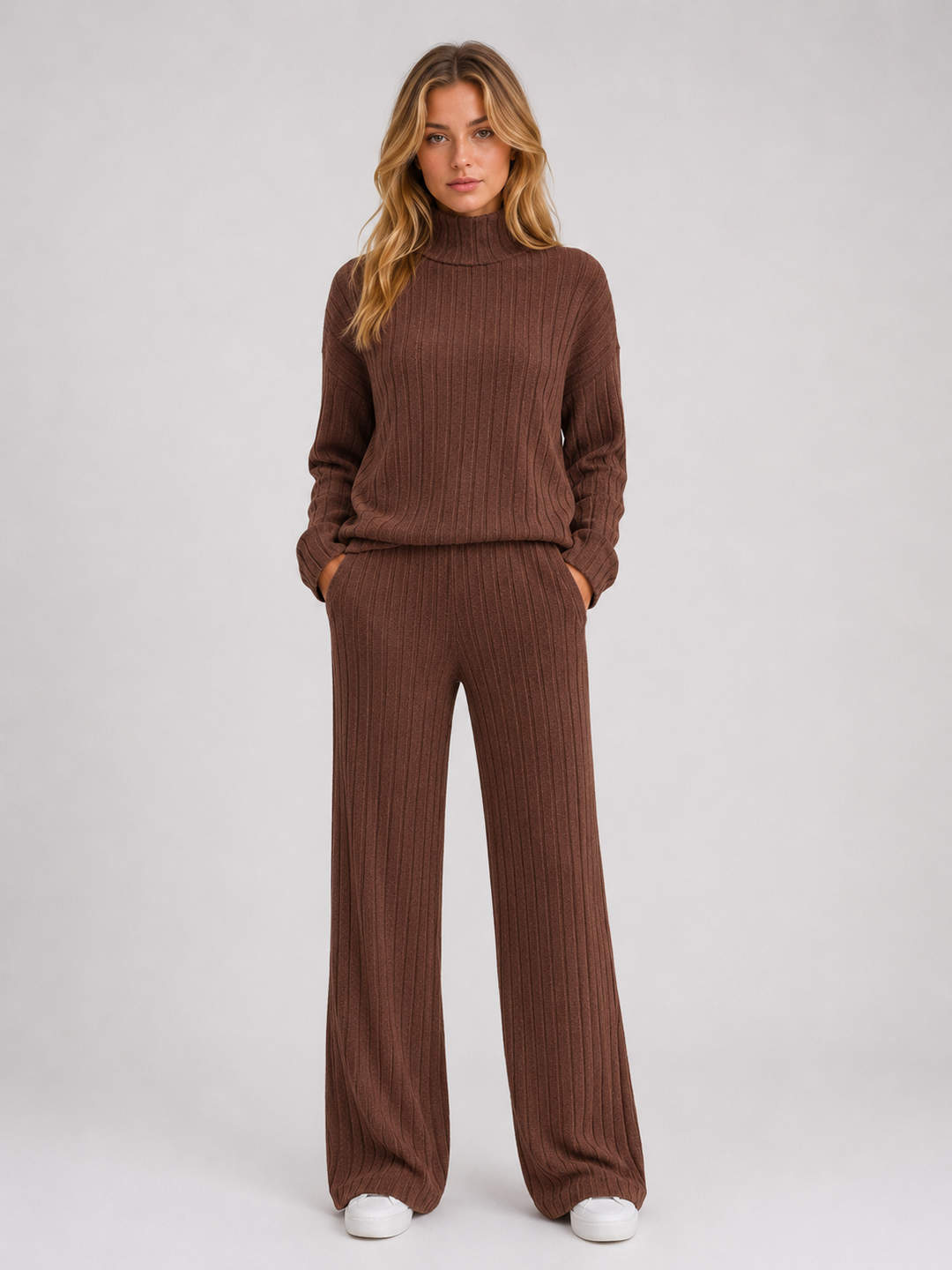Women's Casual Ribbed Knit Lounge Set with Roll Neck Jumper and Wide