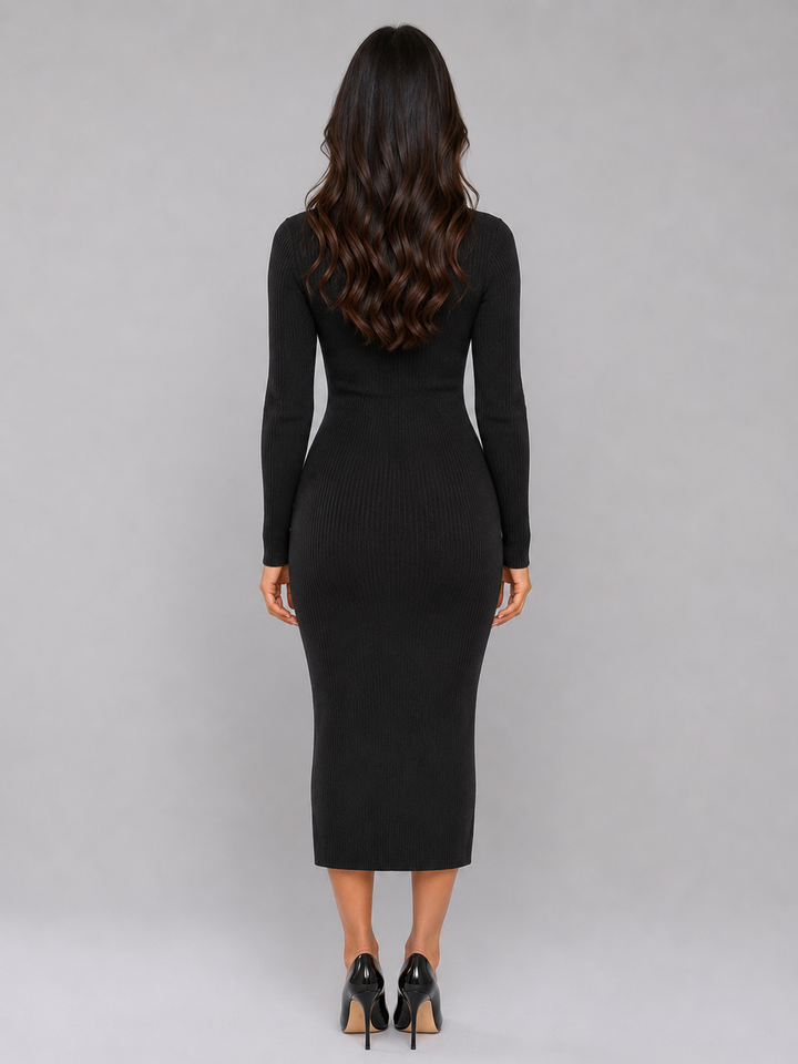 Women's Slim Fit Ribbed Knit Midi Dress with Button Front