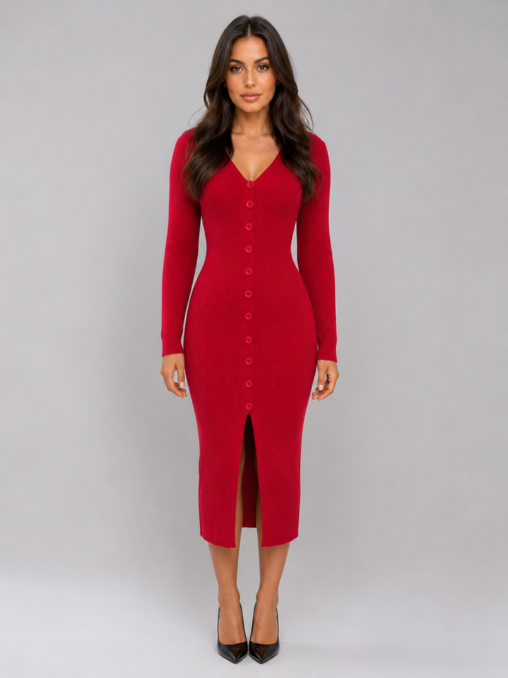 Women's Slim Fit Ribbed Knit Midi Dress with Button Front