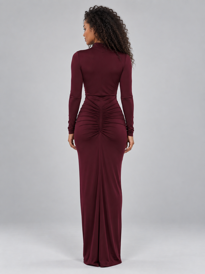 Women's Elegant Ruched High Neck Long Sleeve Maxi Dress