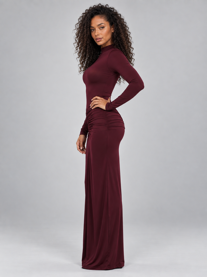 Women's Elegant Ruched High Neck Long Sleeve Maxi Dress