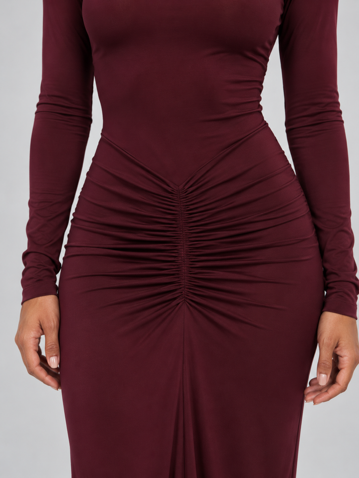 Women's Elegant Ruched High Neck Long Sleeve Maxi Dress