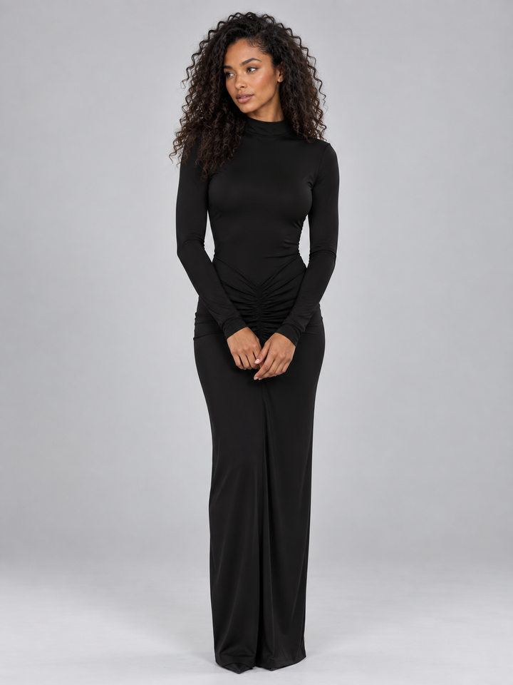 Women's Elegant Ruched High Neck Long Sleeve Maxi Dress