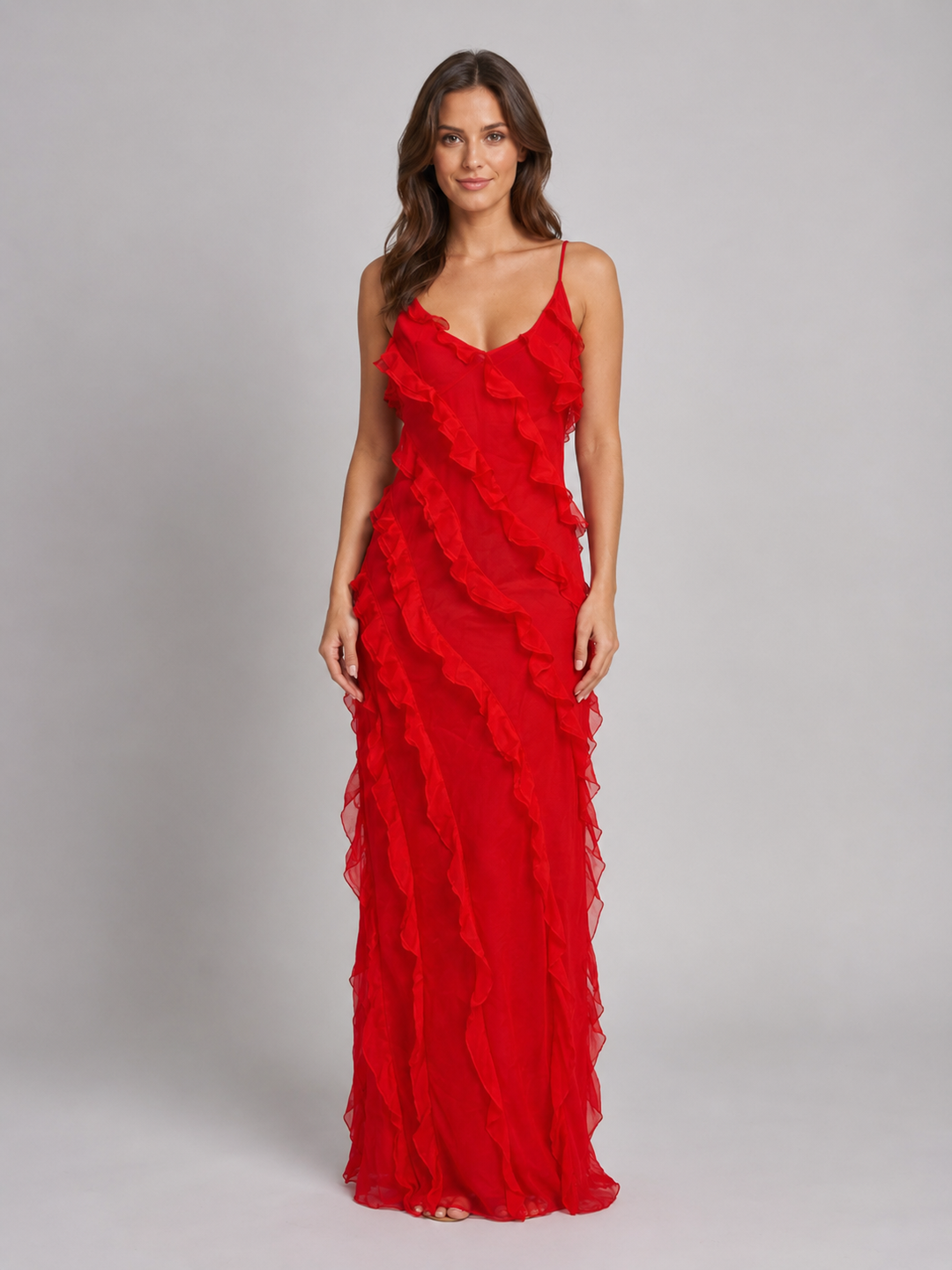 Women's Elegant Flowing Silhouette Ruffle Maxi Dress