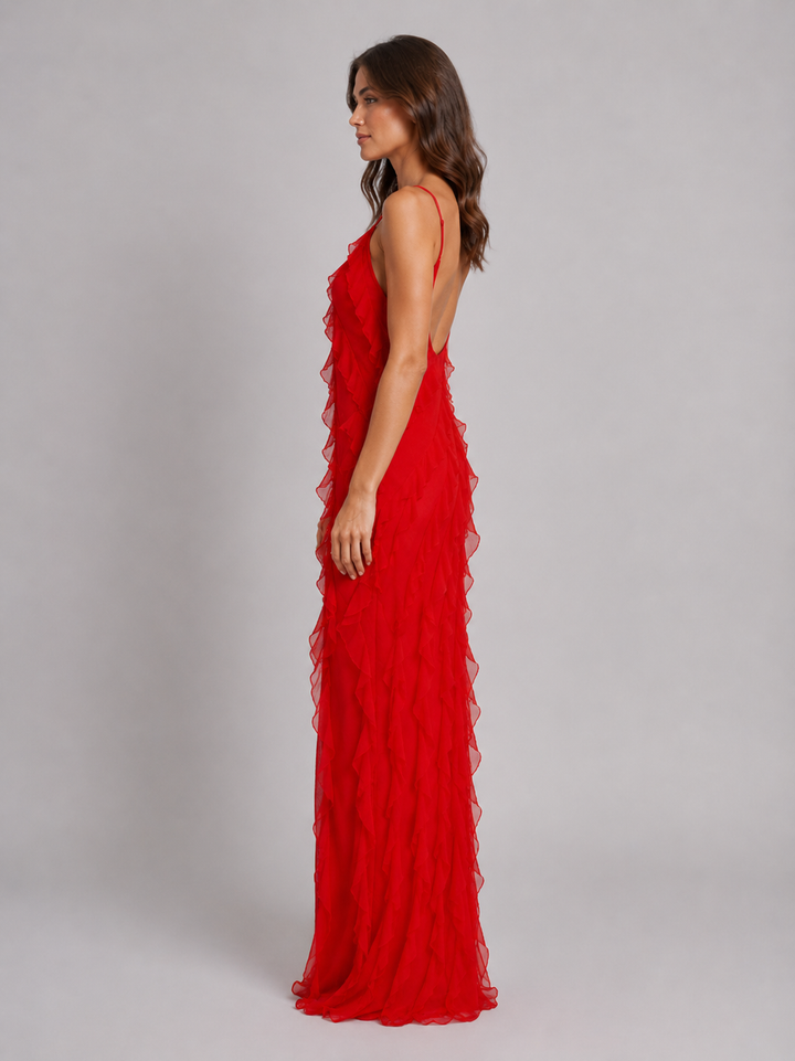 Women's Elegant Flowing Silhouette Ruffle Maxi Dress