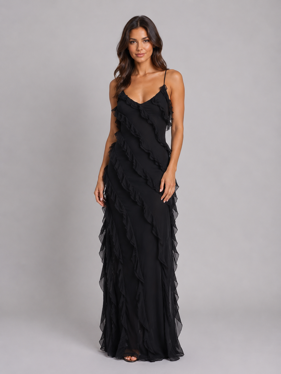 Women's Elegant Flowing Silhouette Ruffle Maxi Dress