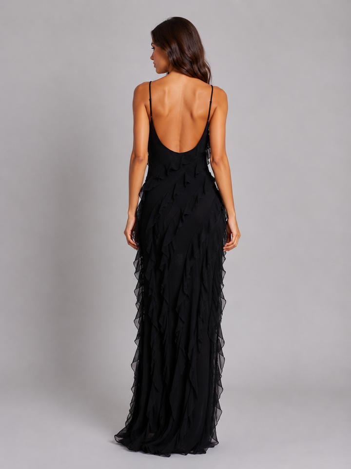Women's Elegant Flowing Silhouette Ruffle Maxi Dress