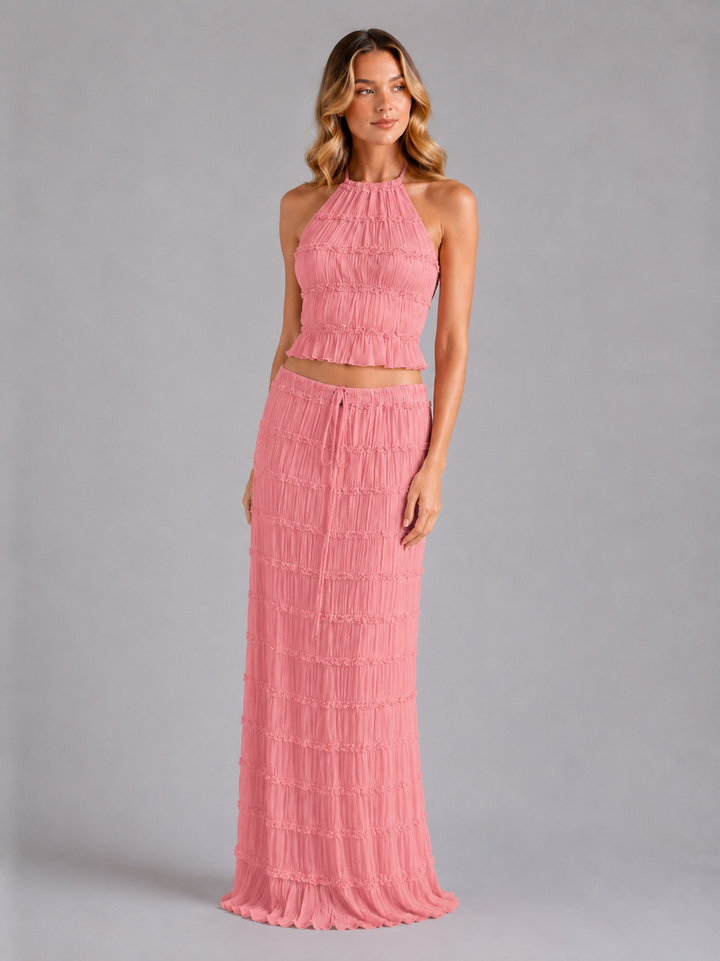 Women's Casual Textured Ruffle Two-Piece Set