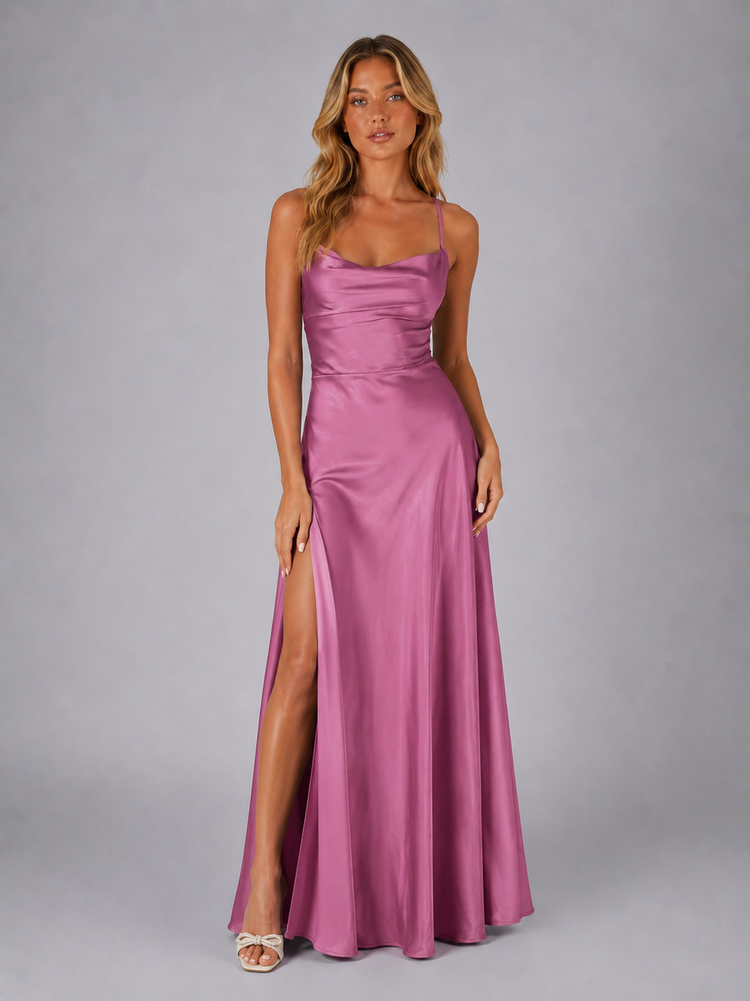 Women's Elegant Satin Cowl Neck Maxi Dress with Side Split