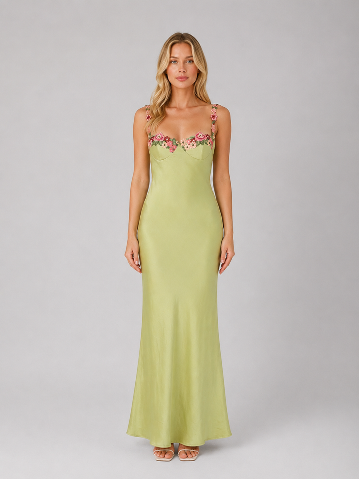 Women's Elegant Satin Floral Embroidered Sculpted Fit Maxi Dress