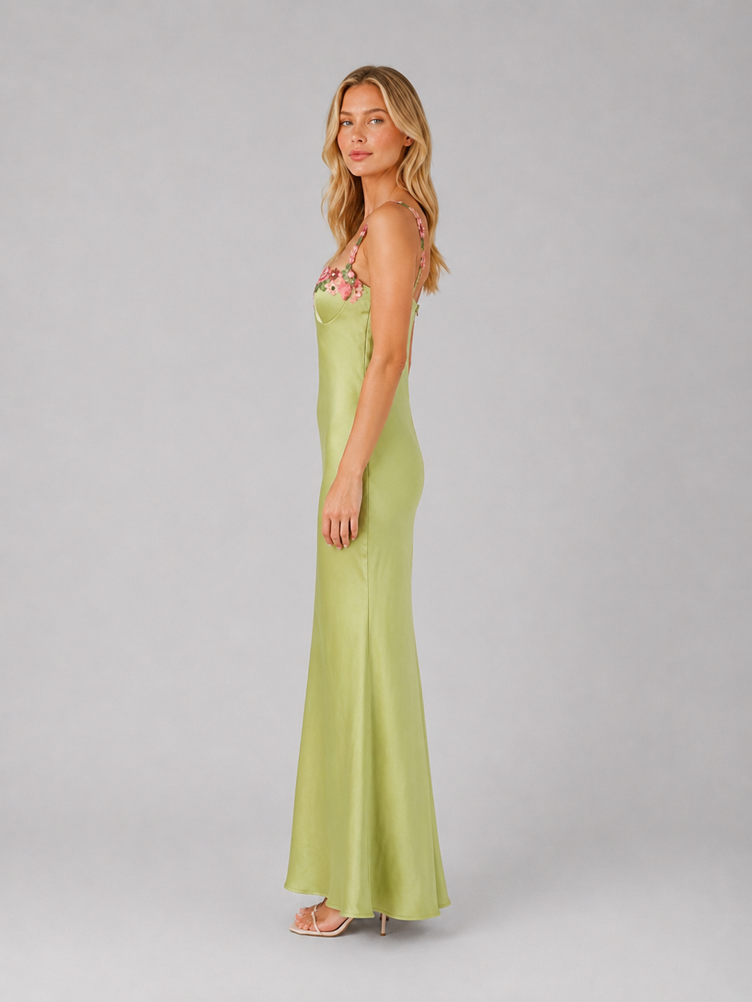 Women's Elegant Satin Floral Embroidered Sculpted Fit Maxi Dress