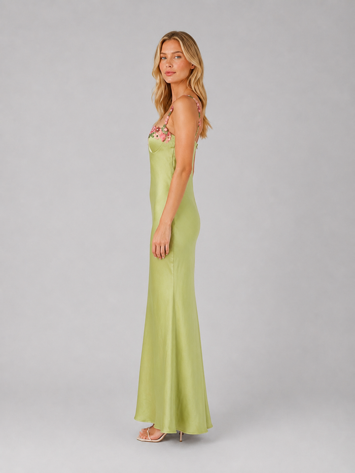 Women's Elegant Satin Floral Embroidered Sculpted Fit Maxi Dress