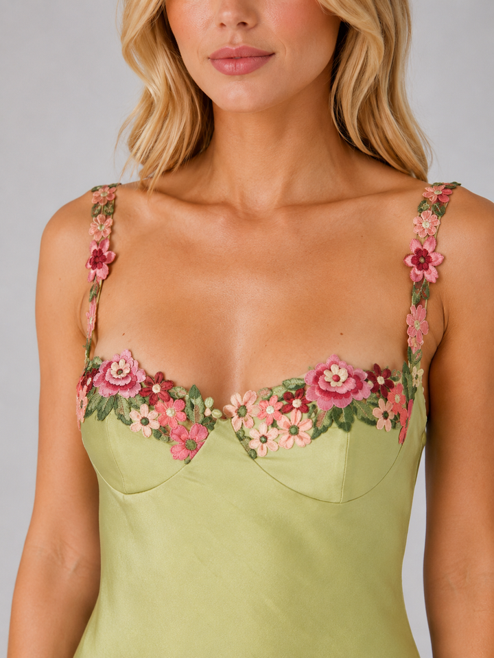 Women's Elegant Satin Floral Embroidered Sculpted Fit Maxi Dress
