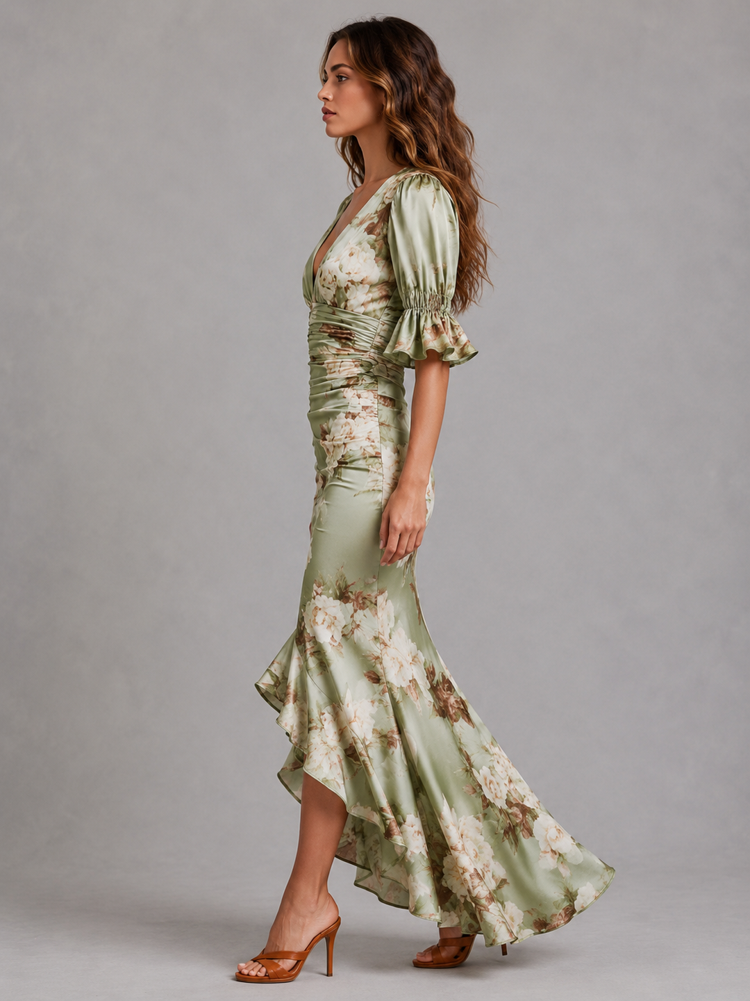 Women's Elegant Satin Floral Maxi Dress with Ruched Waist