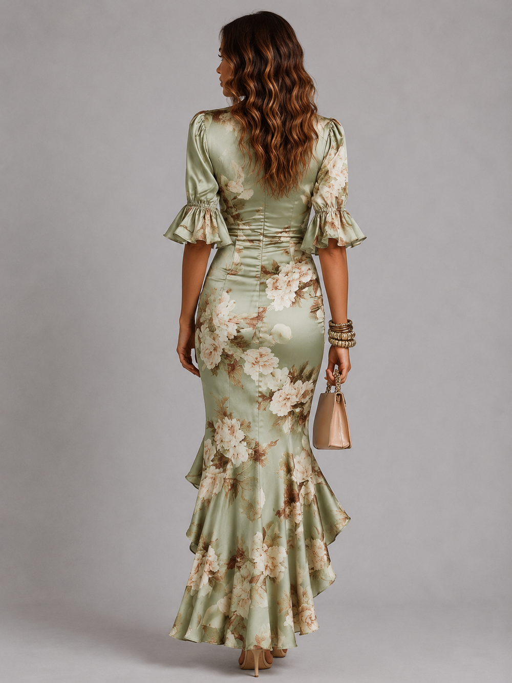 Women's Elegant Satin Floral Maxi Dress with Ruched Waist