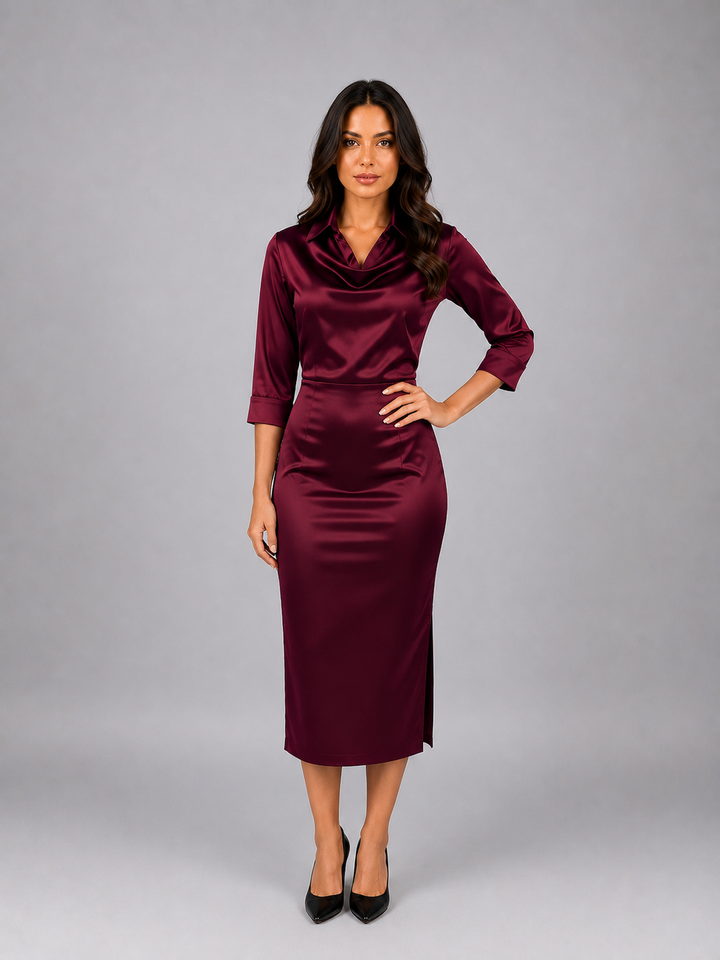 Women's Elegant Satin Look Cowl Neck Midi Dress