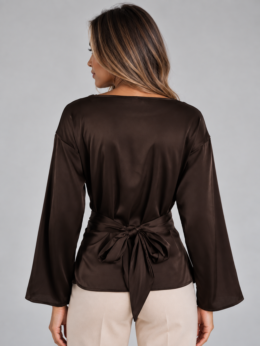 Women's Elegant Satin Tie Waist Blouse with Draped Long Sleeves
