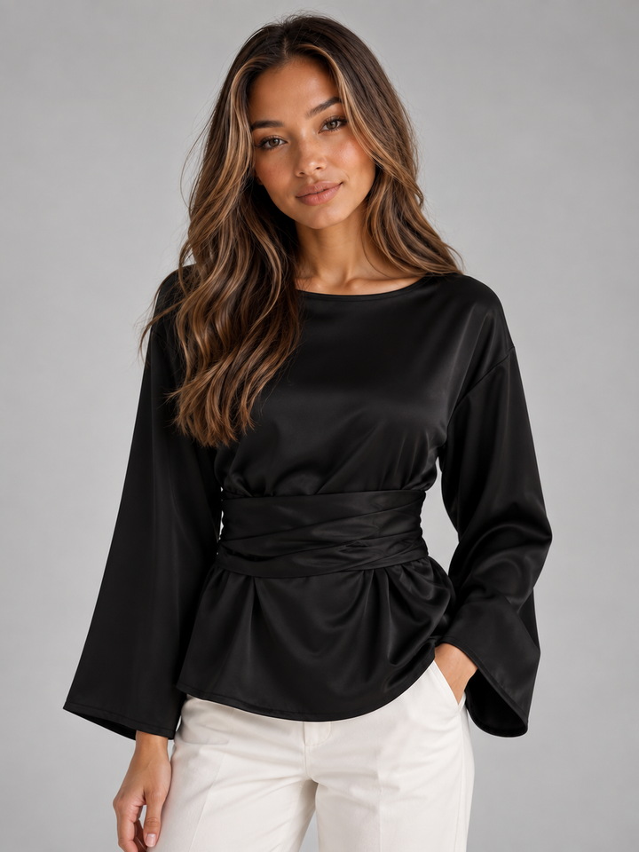Women's Elegant Satin Tie Waist Blouse with Draped Long Sleeves