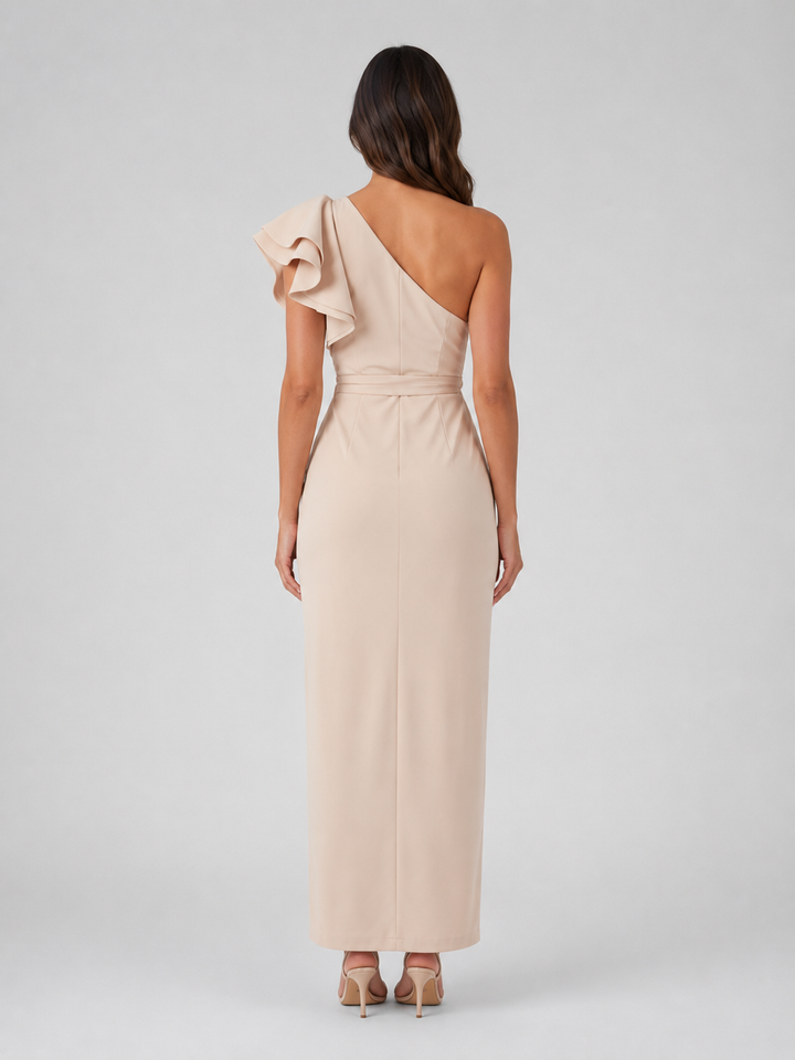 Women's Elegant One-Shoulder Ruffle Detail Midi Dress