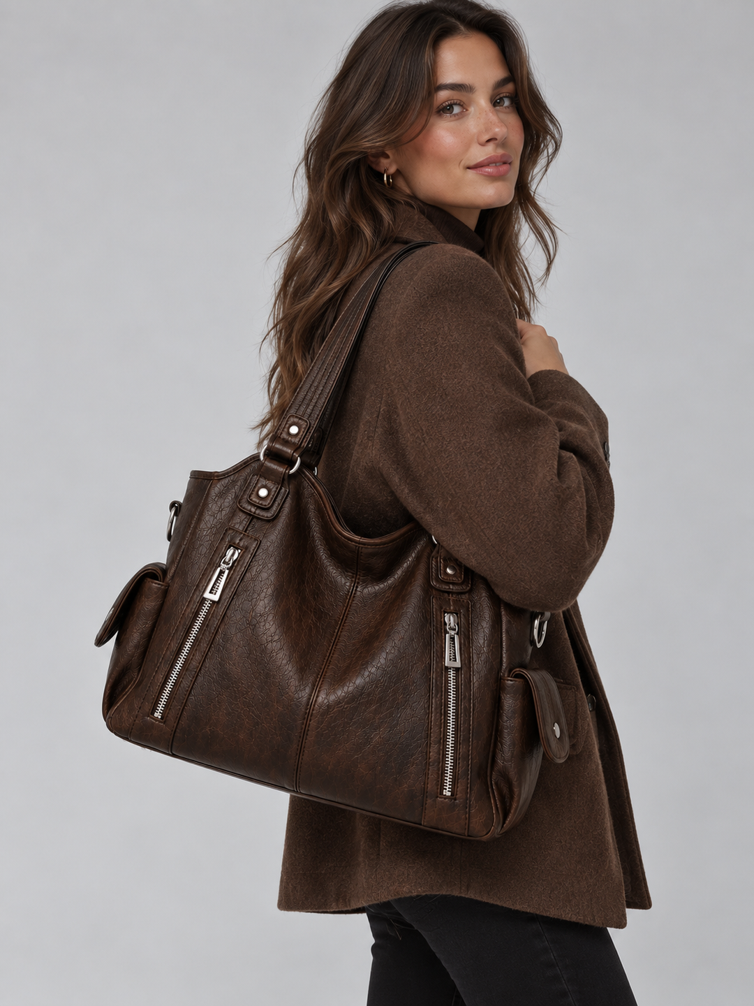 Women's Spacious Multi-Pocket Leather Shoulder Tote Bag