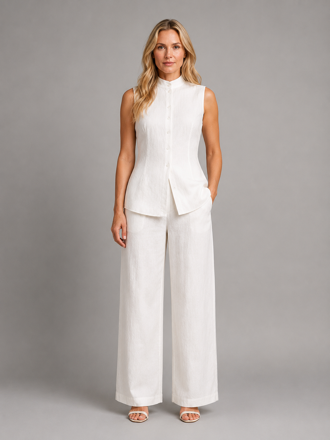 Women's Stylish Sleeveless Button Top and Wide Leg Trousers Co-Ord Set
