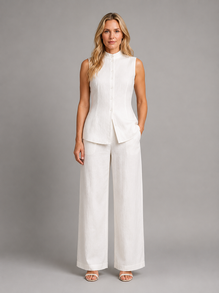 Women's Stylish Sleeveless Button Top and Wide Leg Trousers Co-Ord Set