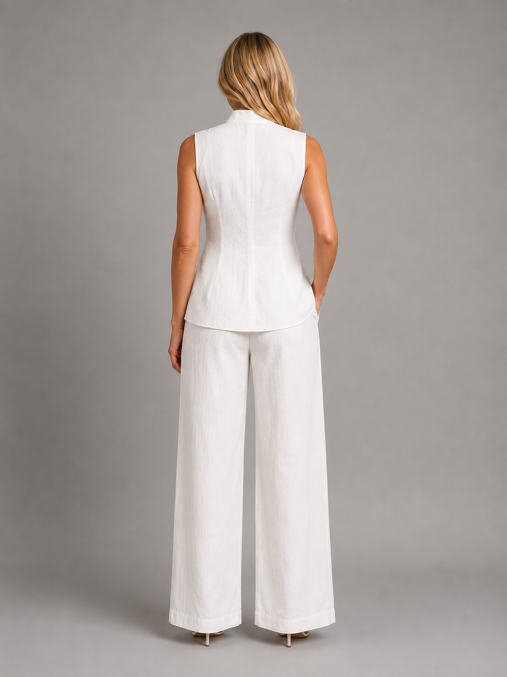 Women's Stylish Sleeveless Button Top and Wide Leg Trousers Co-Ord Set