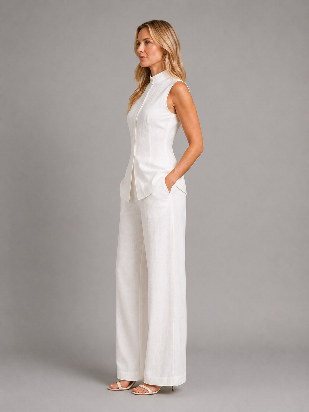 Women's Stylish Sleeveless Button Top and Wide Leg Trousers Co-Ord Set