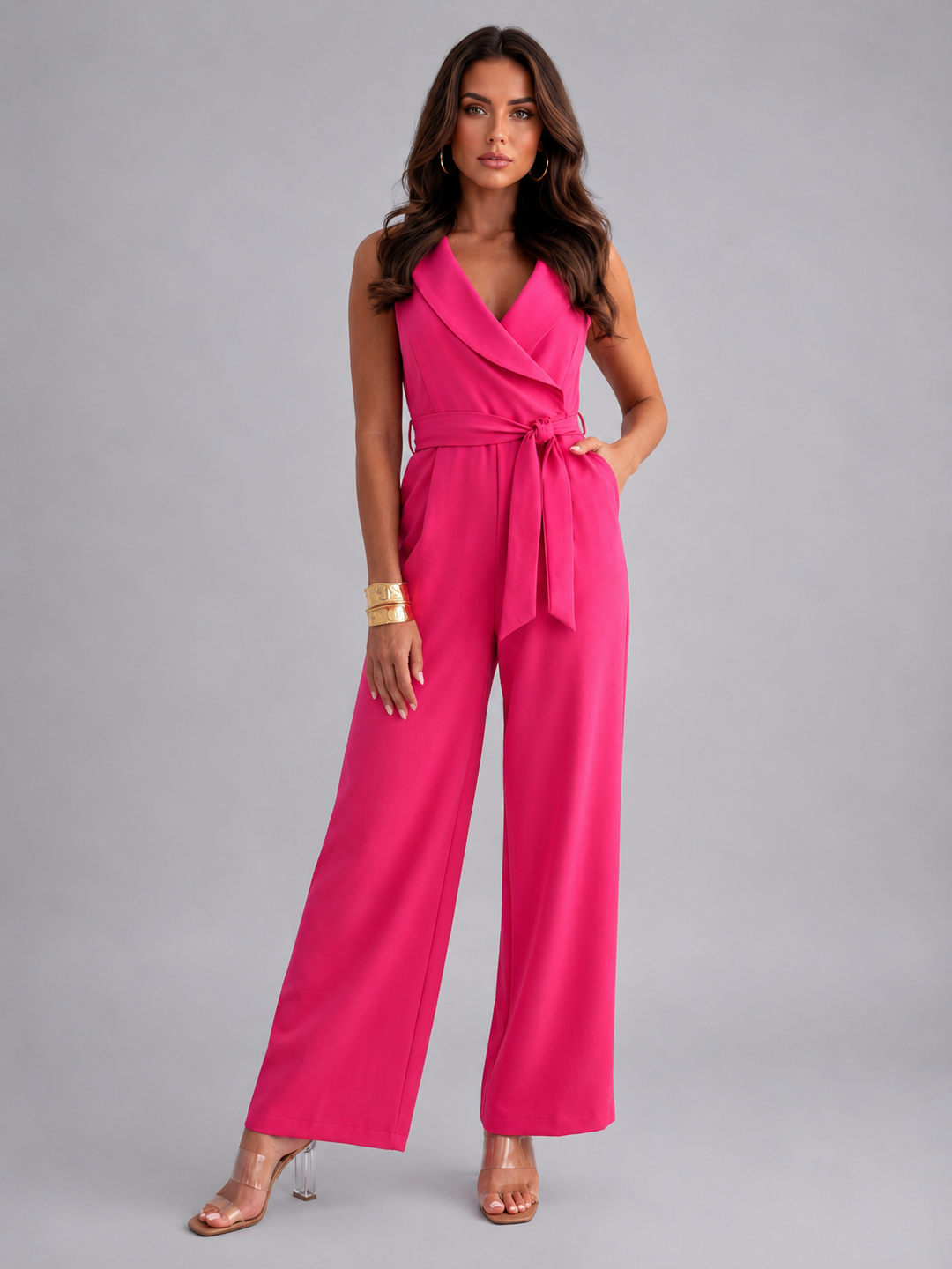 Women's Elegant Sleeveless Tie Waist Wide Leg Jumpsuit