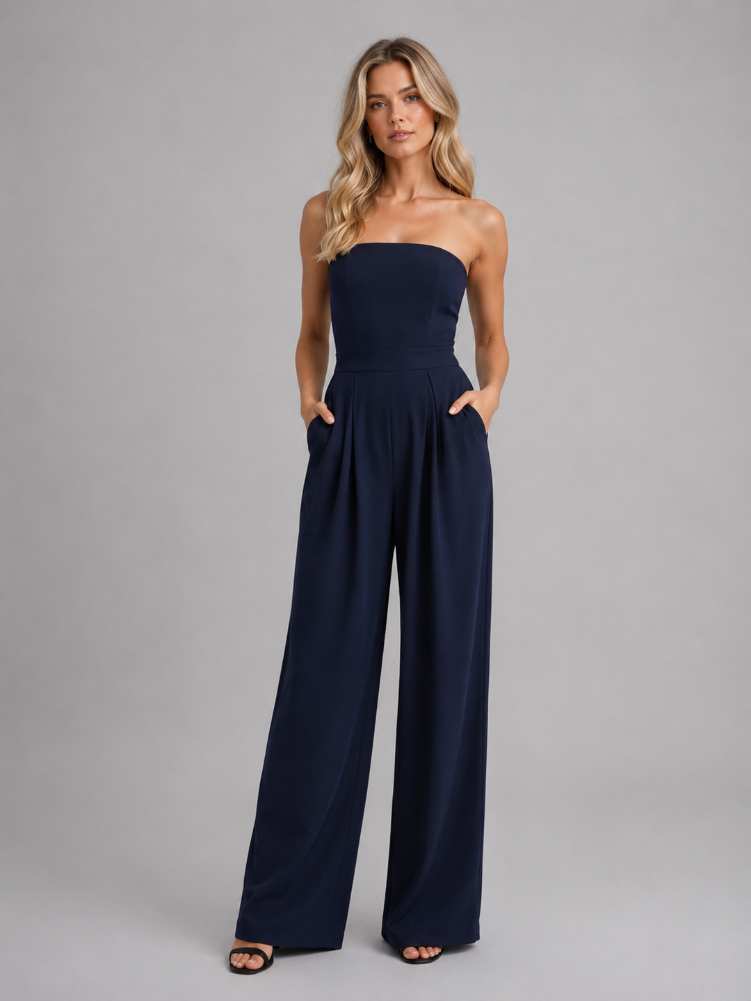 Women's Elegant Strapless Wide Leg Structured Jumpsuit