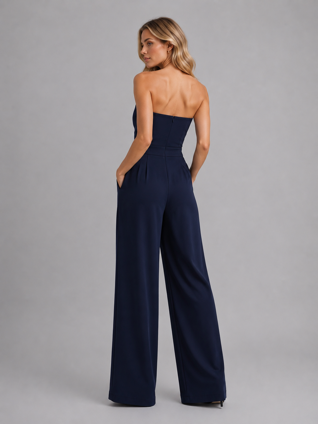 Women's Elegant Strapless Wide Leg Structured Jumpsuit
