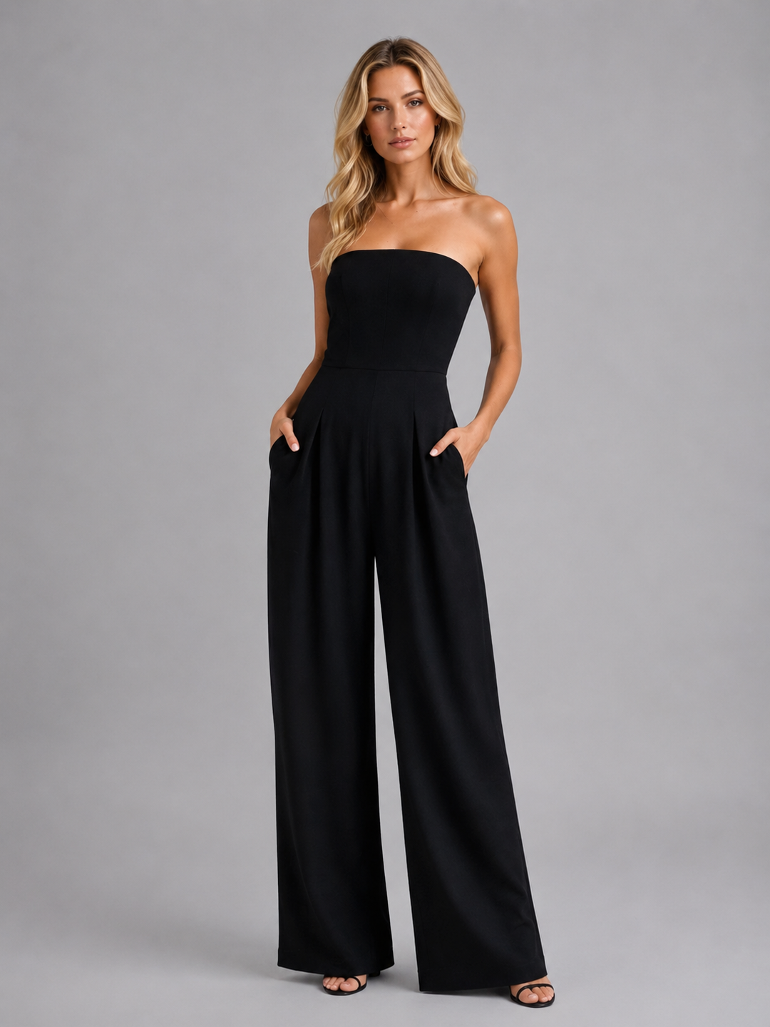 Women's Elegant Strapless Wide Leg Structured Jumpsuit