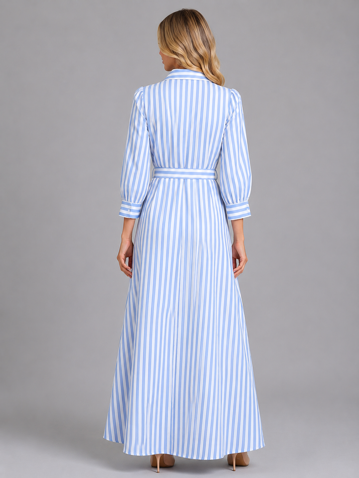 Women's Casual Striped Cotton Maxi Dress with Belt and Button Front