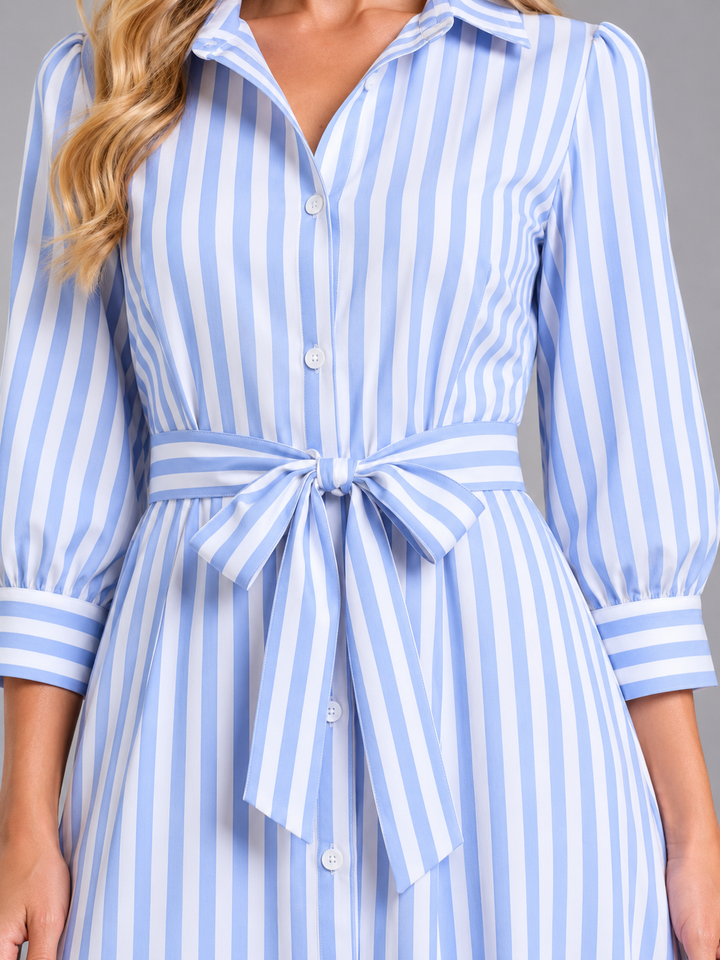 Women's Casual Striped Cotton Maxi Dress with Belt and Button Front