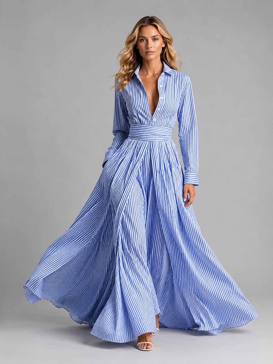 Women's Casual Cotton Striped Maxi Dress with Cinched Waist