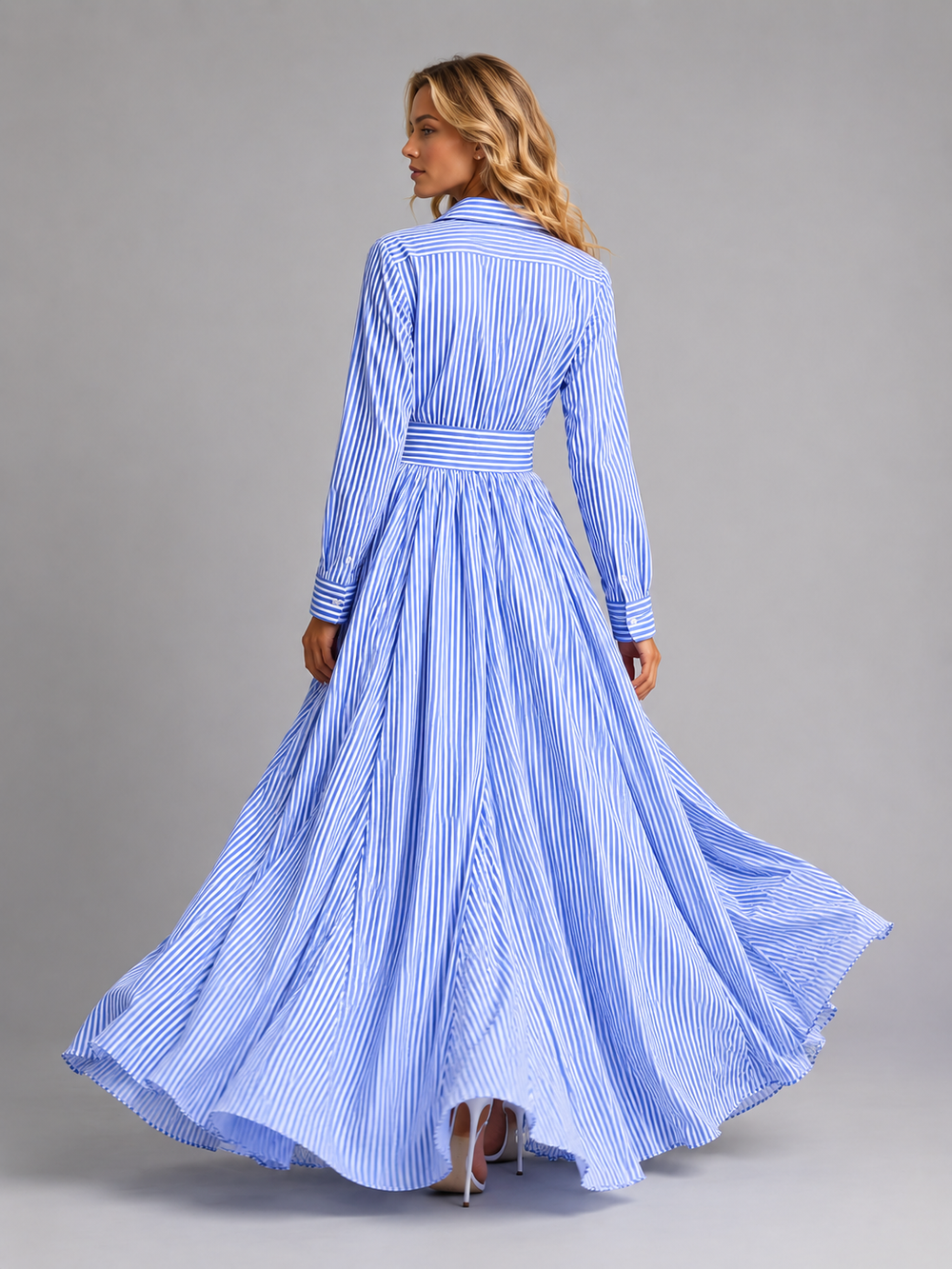Women's Casual Cotton Striped Maxi Dress with Cinched Waist