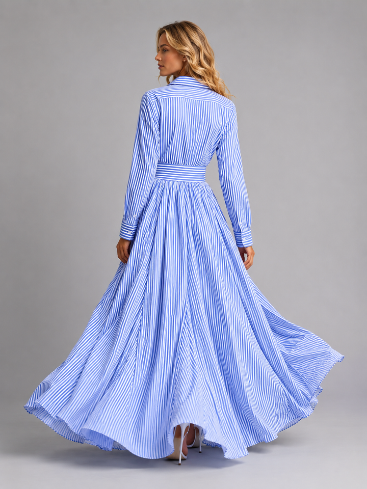 Women's Casual Cotton Striped Maxi Dress with Cinched Waist