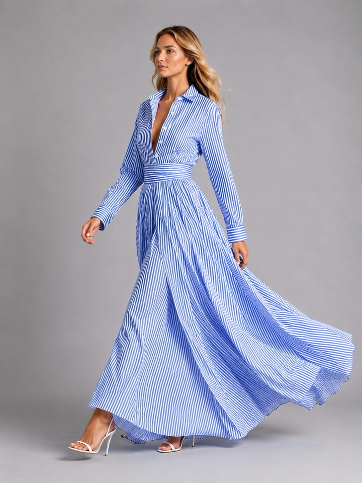 Women's Casual Cotton Striped Maxi Dress with Cinched Waist