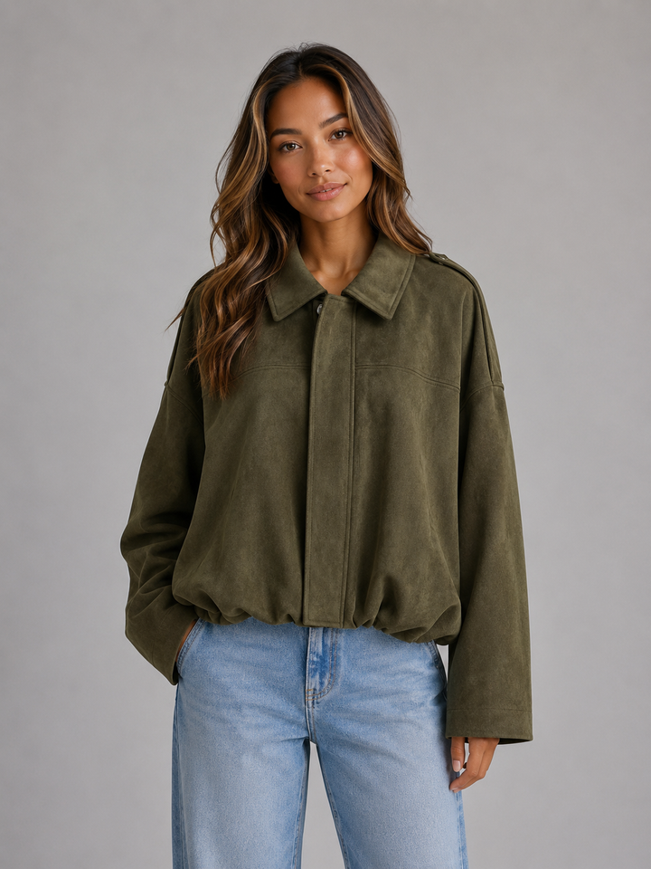 Women's Oversized Suede Look Collared Bomber Jacket