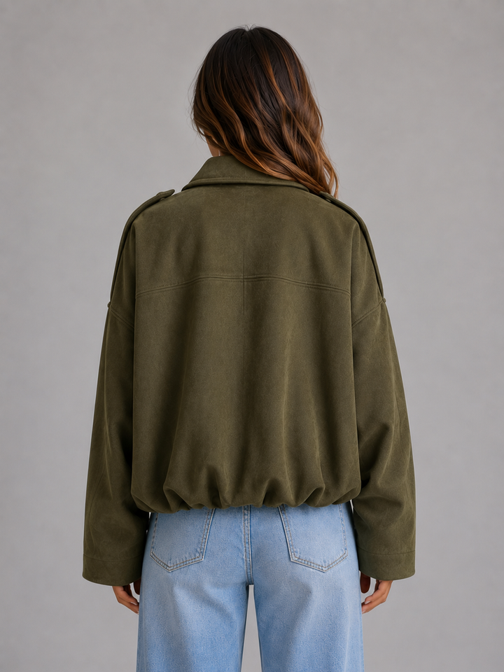 Women's Oversized Suede Look Collared Bomber Jacket