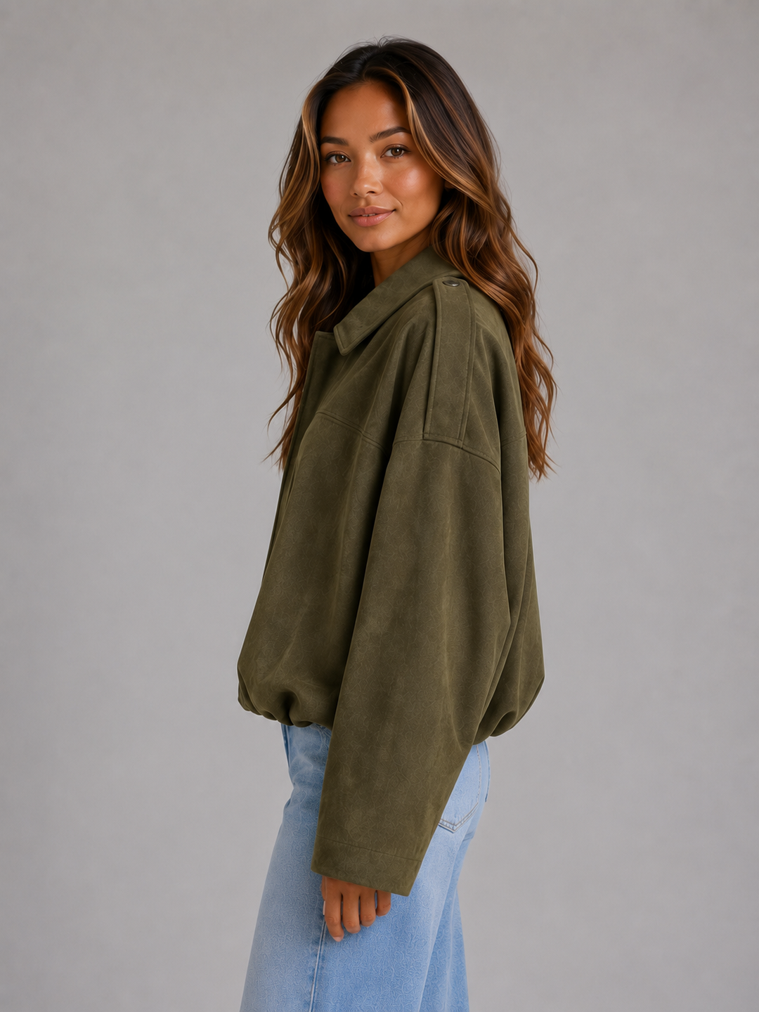Women's Oversized Suede Look Collared Bomber Jacket