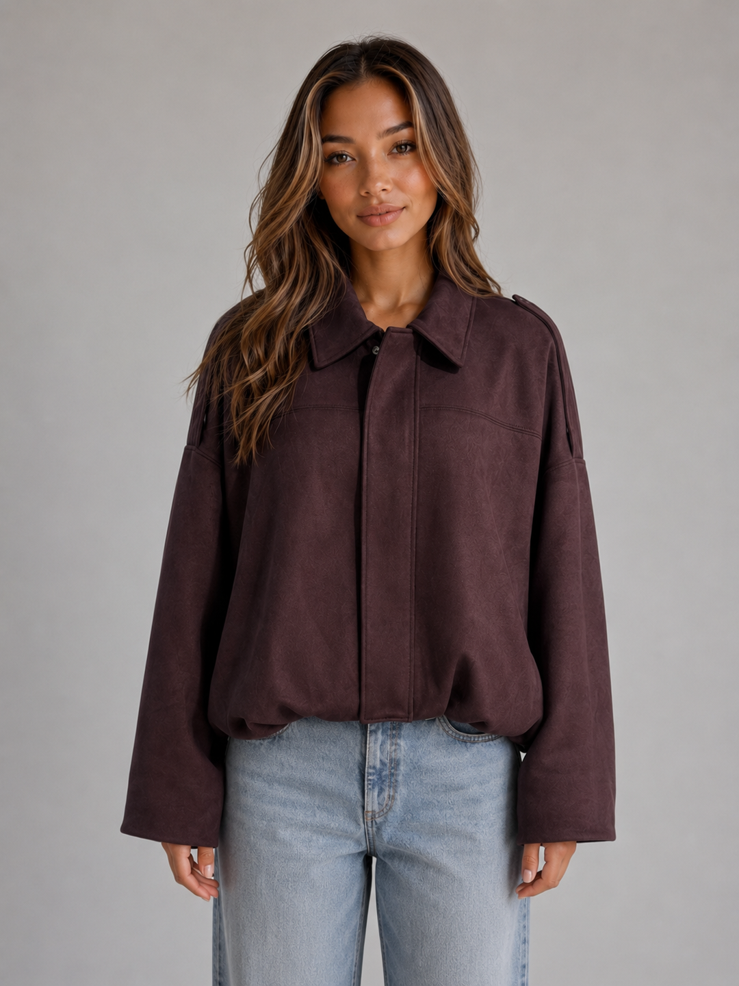 Women's Oversized Suede Look Collared Bomber Jacket