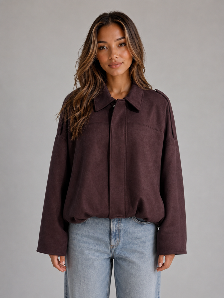 Women's Oversized Suede Look Collared Bomber Jacket